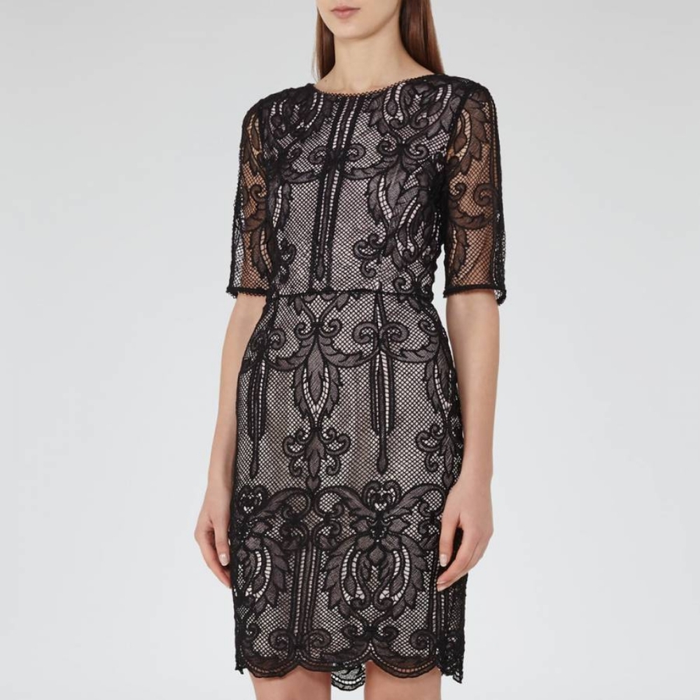 REISS Zola Lace Dress  Black Scalloped Hem V-Back Party Cocktail US 4 - Picture 5 of 16